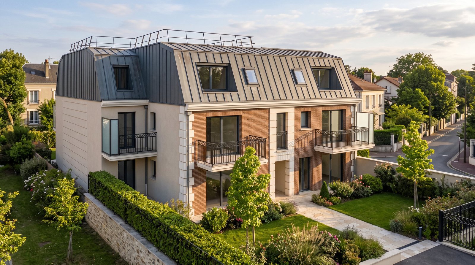 Façade avant de la résidence Le Clos Mansart en fin d'après-midi